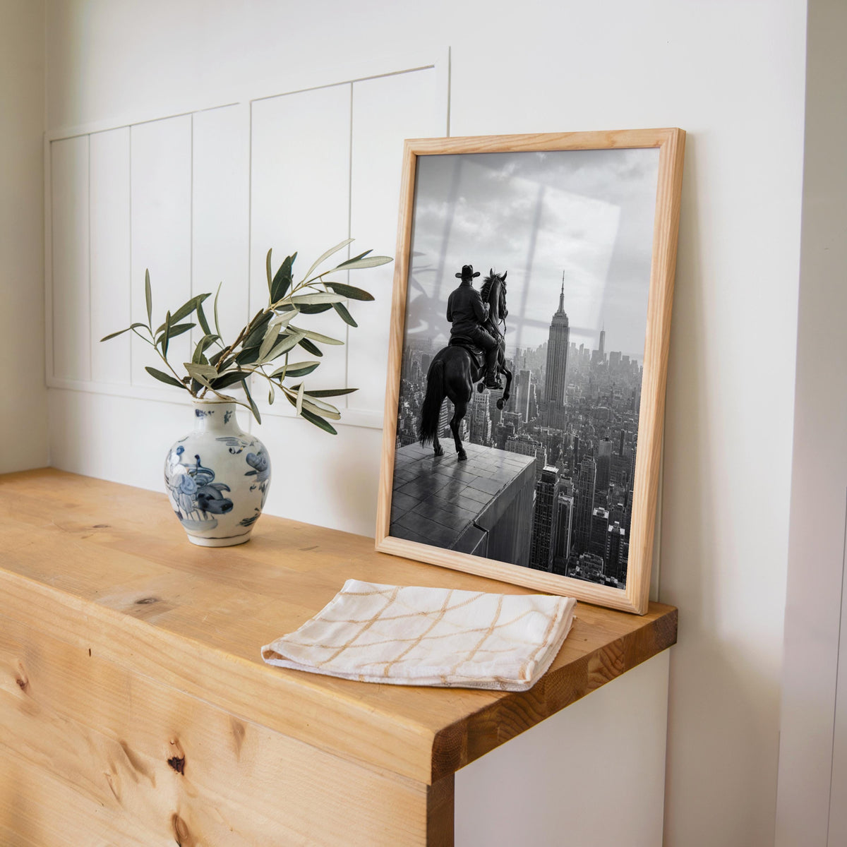 NYC Cowboy Wall Art, Horse Over Manhattan Print, Modern Western Black and White Poster