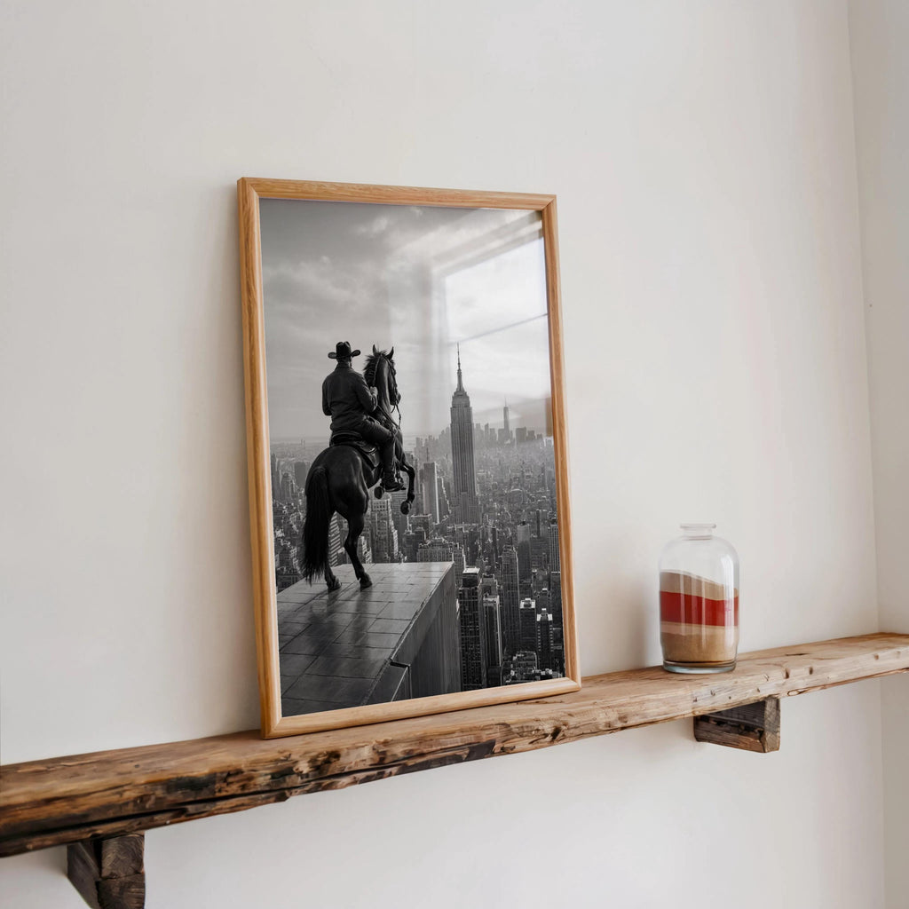 NYC Cowboy Wall Art, Horse Over Manhattan Print, Modern Western Black and White Poster