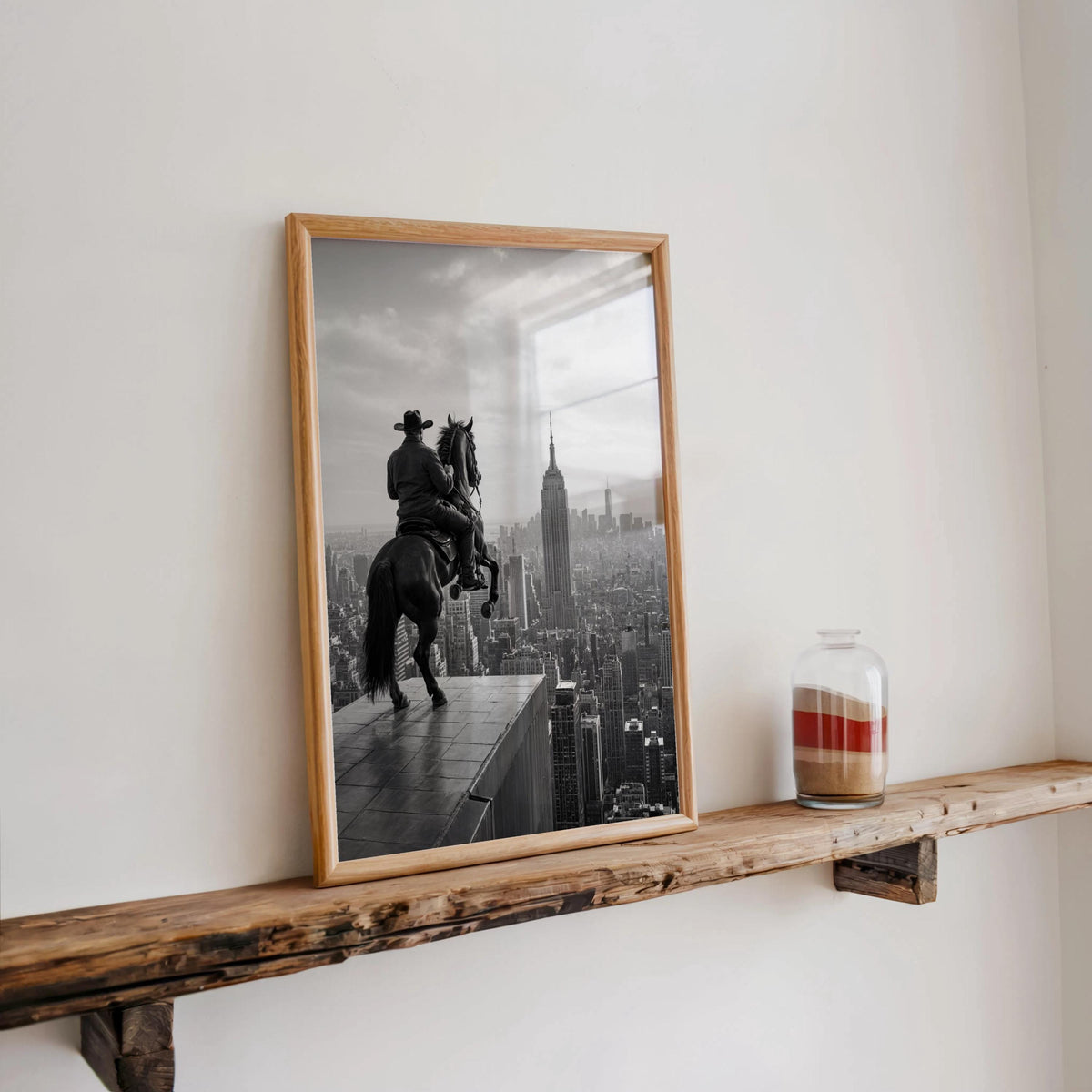 NYC Cowboy Wall Art, Horse Over Manhattan Print, Modern Western Black and White Poster