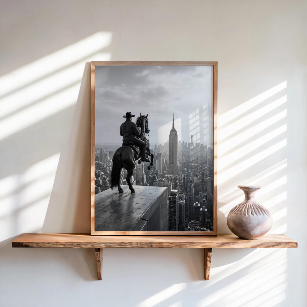 NYC Cowboy Wall Art, Horse Over Manhattan Print, Modern Western Black and White Poster