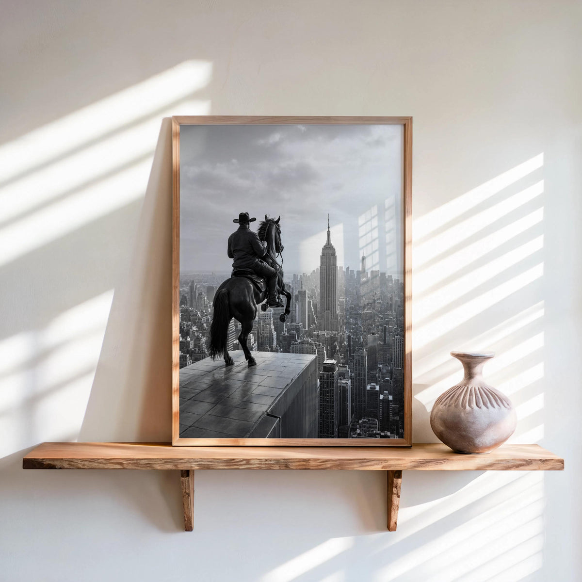 NYC Cowboy Wall Art, Horse Over Manhattan Print, Modern Western Black and White Poster
