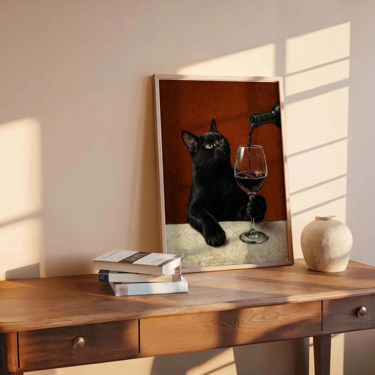 Black Cat & Red Wine Print, Moody Surreal Animal Portrait, Maximalist Cat Mom Decor, Unique Alcohol Lover Gift, Home Bar Funny Kitchen Art