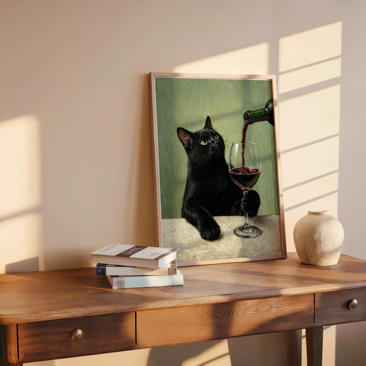 Black Cat & Red Wine Print, Moody Surreal Animal Portrait, Maximalist Cat Mom Decor, Unique Alcohol Lover Gift, Home Bar Funny Kitchen Art