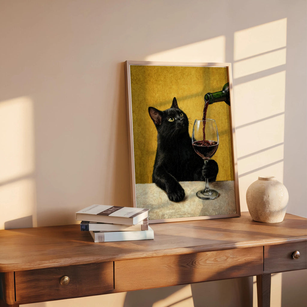 Black Cat & Red Wine Print, Moody Surreal Animal Portrait, Maximalist Cat Mom Decor, Unique Alcohol Lover Gift, Home Bar Funny Kitchen Art
