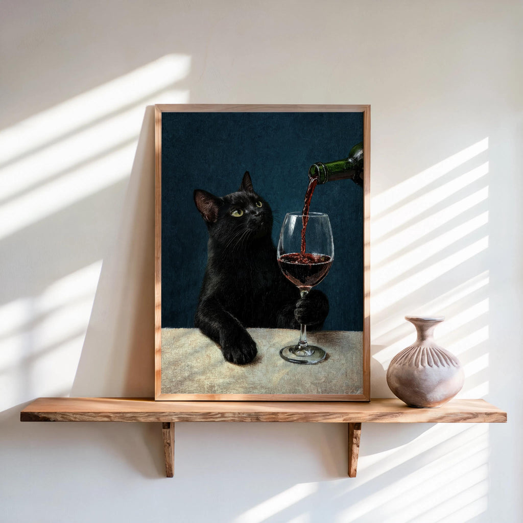 Black Cat & Red Wine Print, Moody Surreal Animal Portrait, Maximalist Cat Mom Decor, Unique Alcohol Lover Gift, Home Bar Funny Kitchen Art