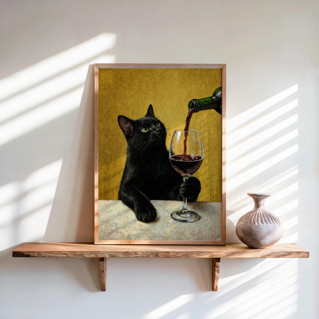 Black Cat & Red Wine Print, Moody Surreal Animal Portrait, Maximalist Cat Mom Decor, Unique Alcohol Lover Gift, Home Bar Funny Kitchen Art