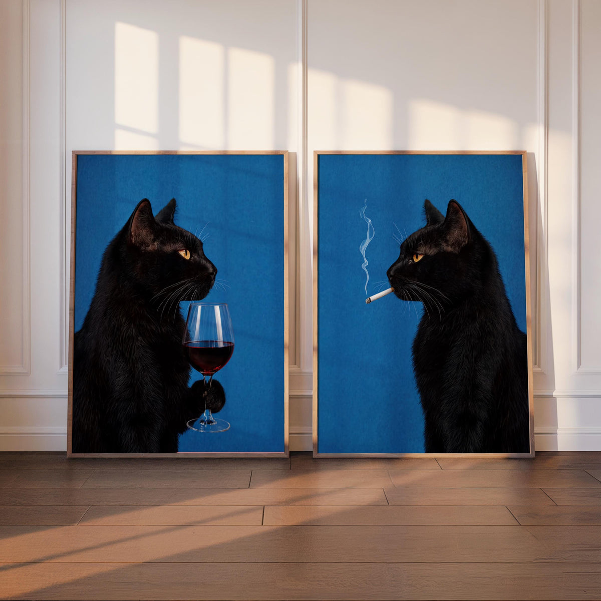 Black Cat Drinking Wine & Smoking Print Set of 2, Surreal Animal Duo, Cigarette Alcohol Home Decor, Unique Bar Cart Art, Funny Wall Decor