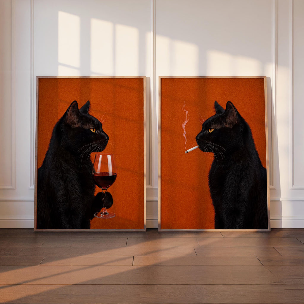 Black Cat Drinking Wine & Smoking Print Set of 2, Surreal Animal Duo, Cigarette Alcohol Home Decor, Unique Bar Cart Art, Funny Wall Decor