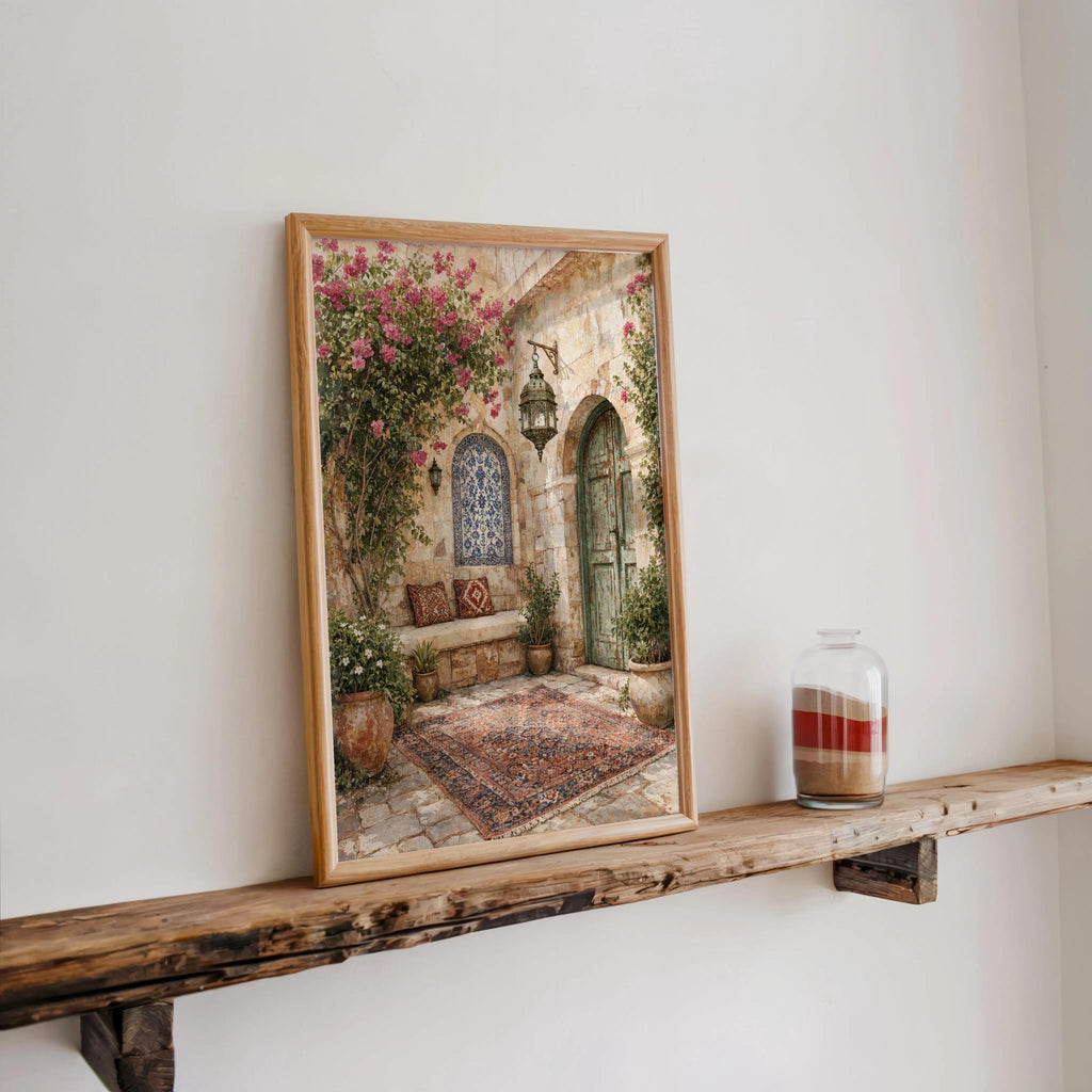 Palestinian Courtyard Arabic Wall Art, Middle Eastern Tiles Print, Mediterranean Olive Tree Garden, Traditional Islamic Architecture Decor