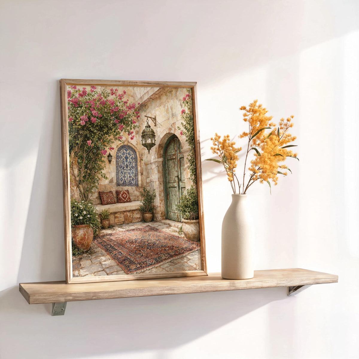 Palestinian Courtyard Arabic Wall Art, Middle Eastern Tiles Print, Mediterranean Olive Tree Garden, Traditional Islamic Architecture Decor