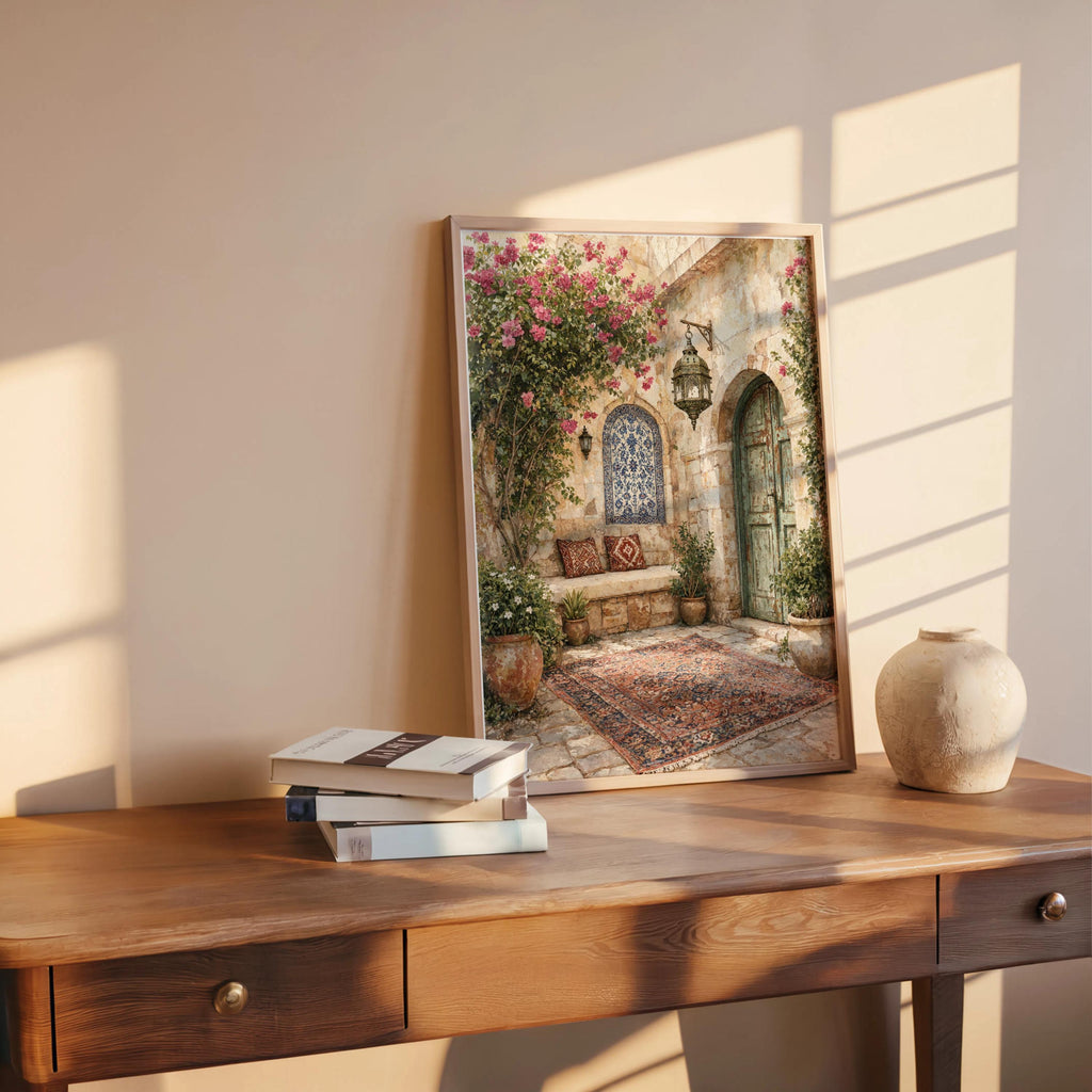 Palestinian Courtyard Arabic Wall Art, Middle Eastern Tiles Print, Mediterranean Olive Tree Garden, Traditional Islamic Architecture Decor