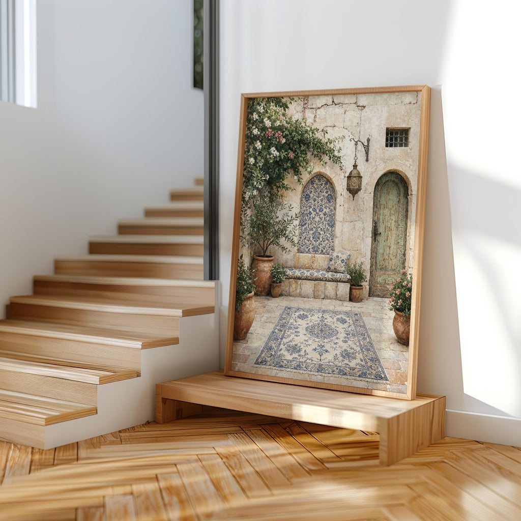 Palestinian Courtyard Print, Middle Eastern Wall Art, Olive Tree Painting, Islamic Arab Architecture Decor, Mediterranean Garden Art