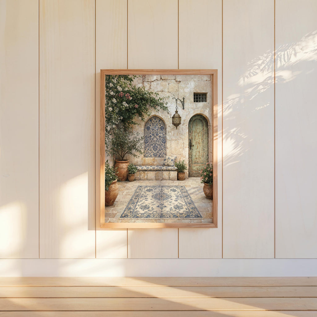 Palestinian Courtyard Print, Middle Eastern Wall Art, Olive Tree Painting, Islamic Arab Architecture Decor, Mediterranean Garden Art