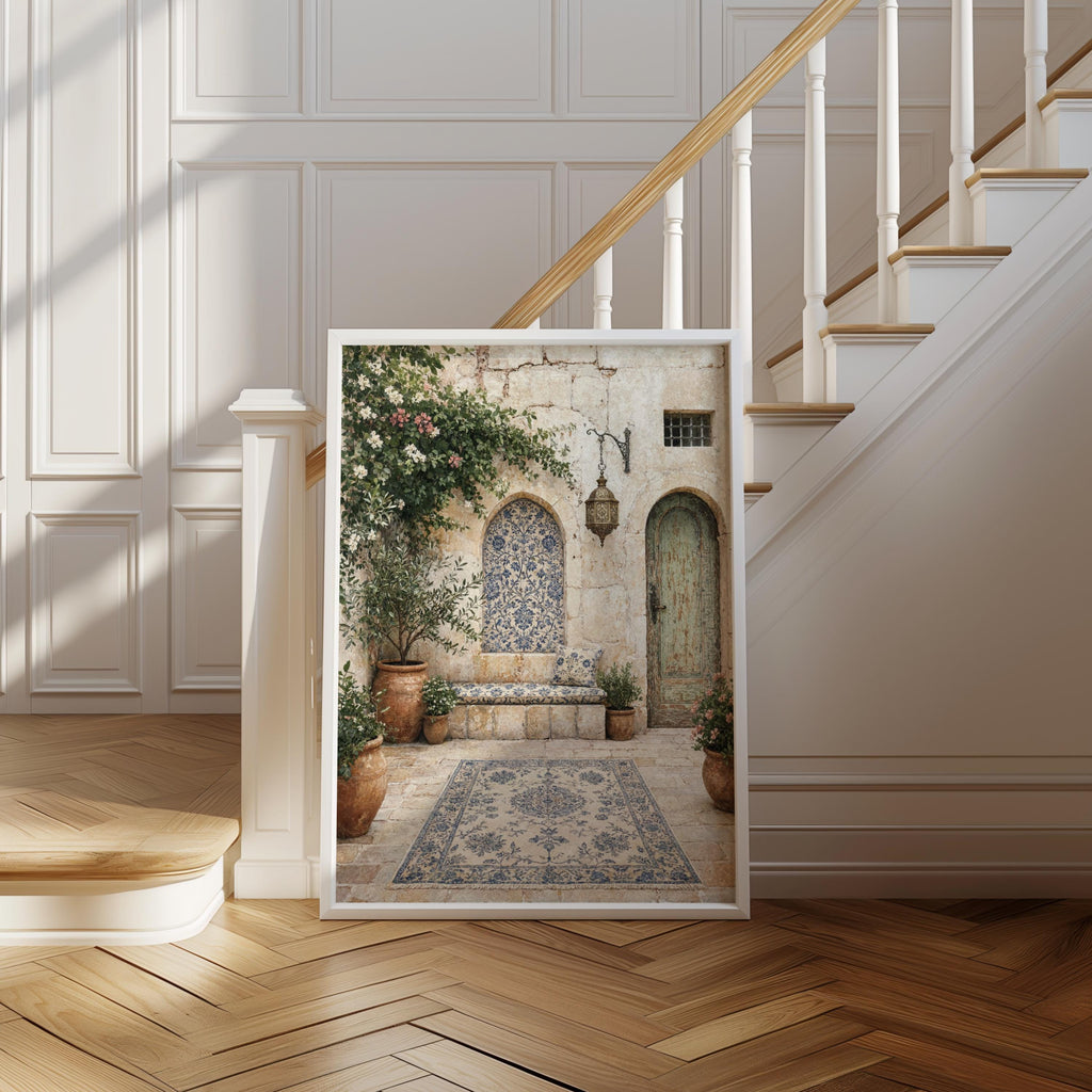 Palestinian Courtyard Print, Middle Eastern Wall Art, Olive Tree Painting, Islamic Arab Architecture Decor, Mediterranean Garden Art
