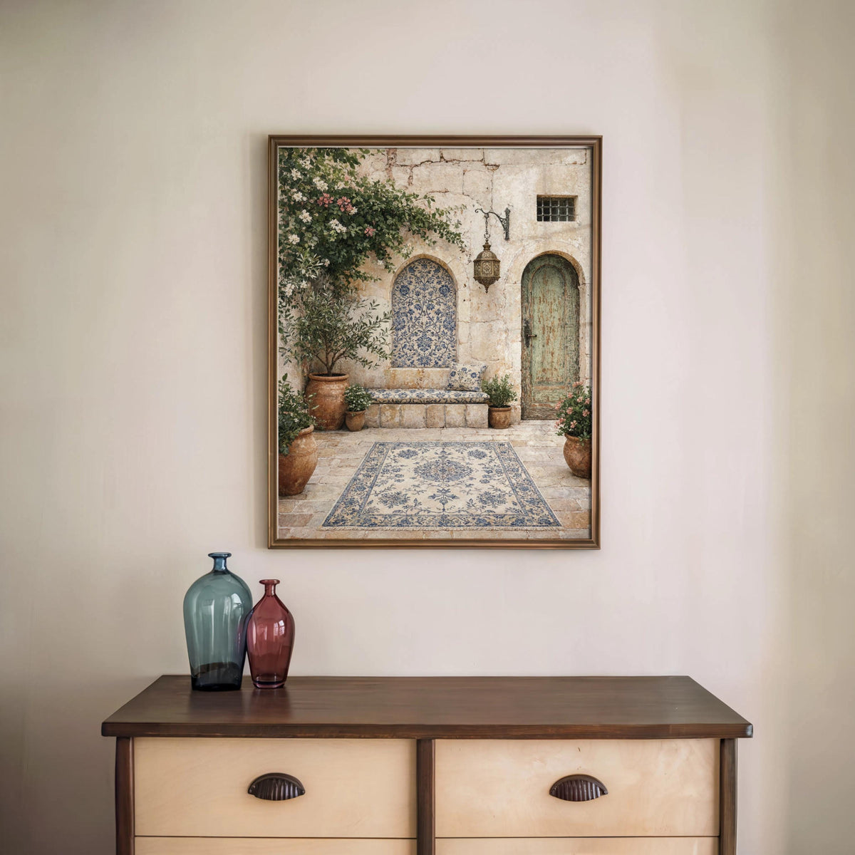 Palestinian Courtyard Print, Middle Eastern Wall Art, Olive Tree Painting, Islamic Arab Architecture Decor, Mediterranean Garden Art