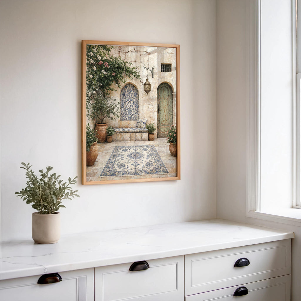 Palestinian Courtyard Print, Middle Eastern Wall Art, Olive Tree Painting, Islamic Arab Architecture Decor, Mediterranean Garden Art