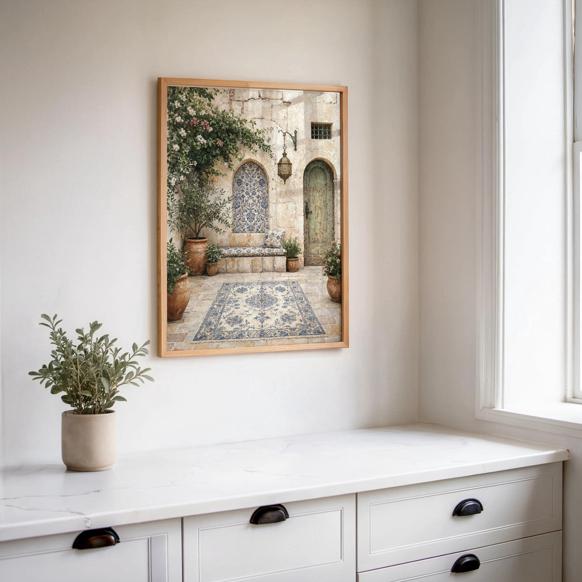 Palestinian Courtyard Print, Middle Eastern Wall Art, Olive Tree Painting, Islamic Arab Architecture Decor, Mediterranean Garden Art