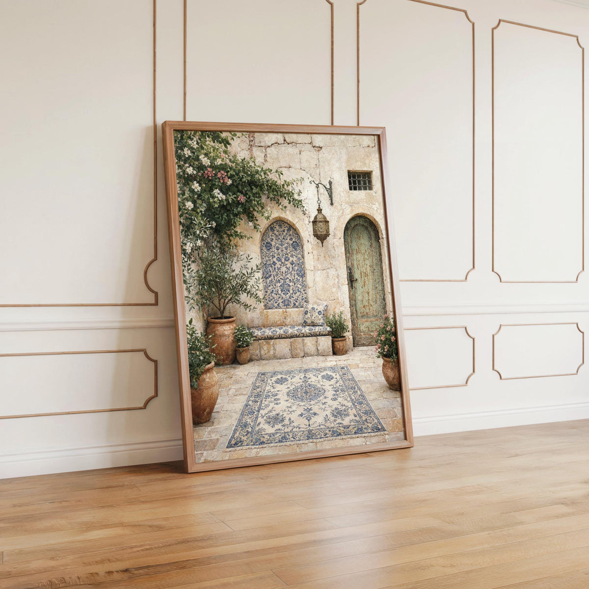 Palestinian Courtyard Print, Middle Eastern Wall Art, Olive Tree Painting, Islamic Arab Architecture Decor, Mediterranean Garden Art