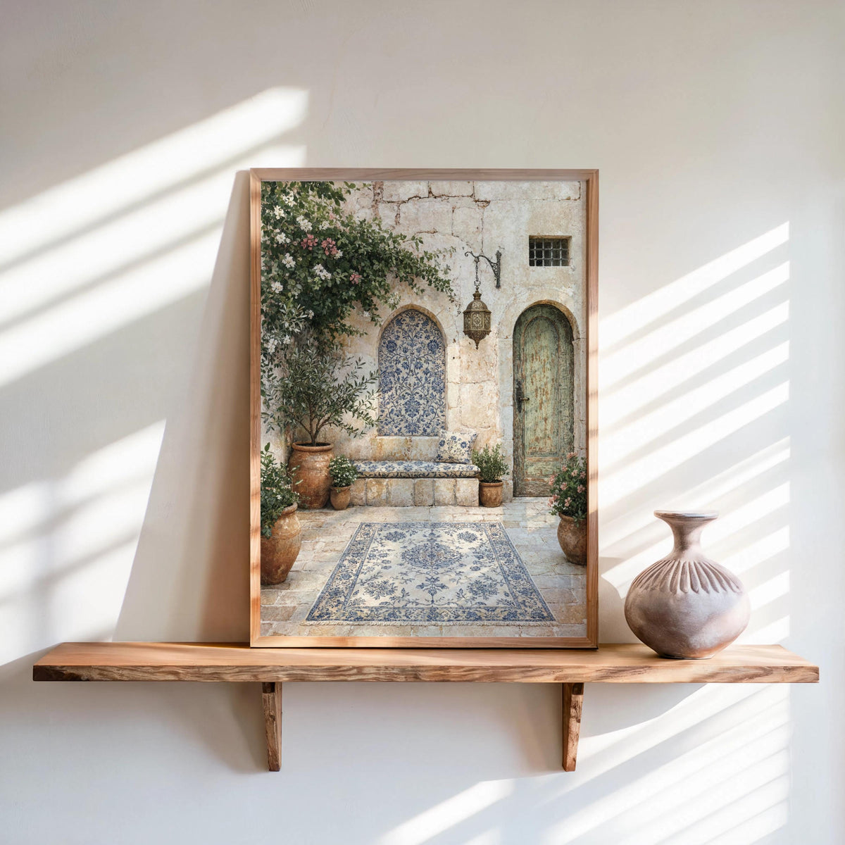 Palestinian Courtyard Print, Middle Eastern Wall Art, Olive Tree Painting, Islamic Arab Architecture Decor, Mediterranean Garden Art