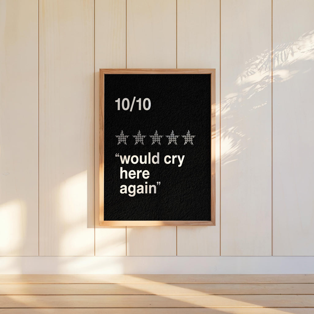 Black would cry here again print centered on wall above desk, five-star rating motif, minimalist quote wall art for offices