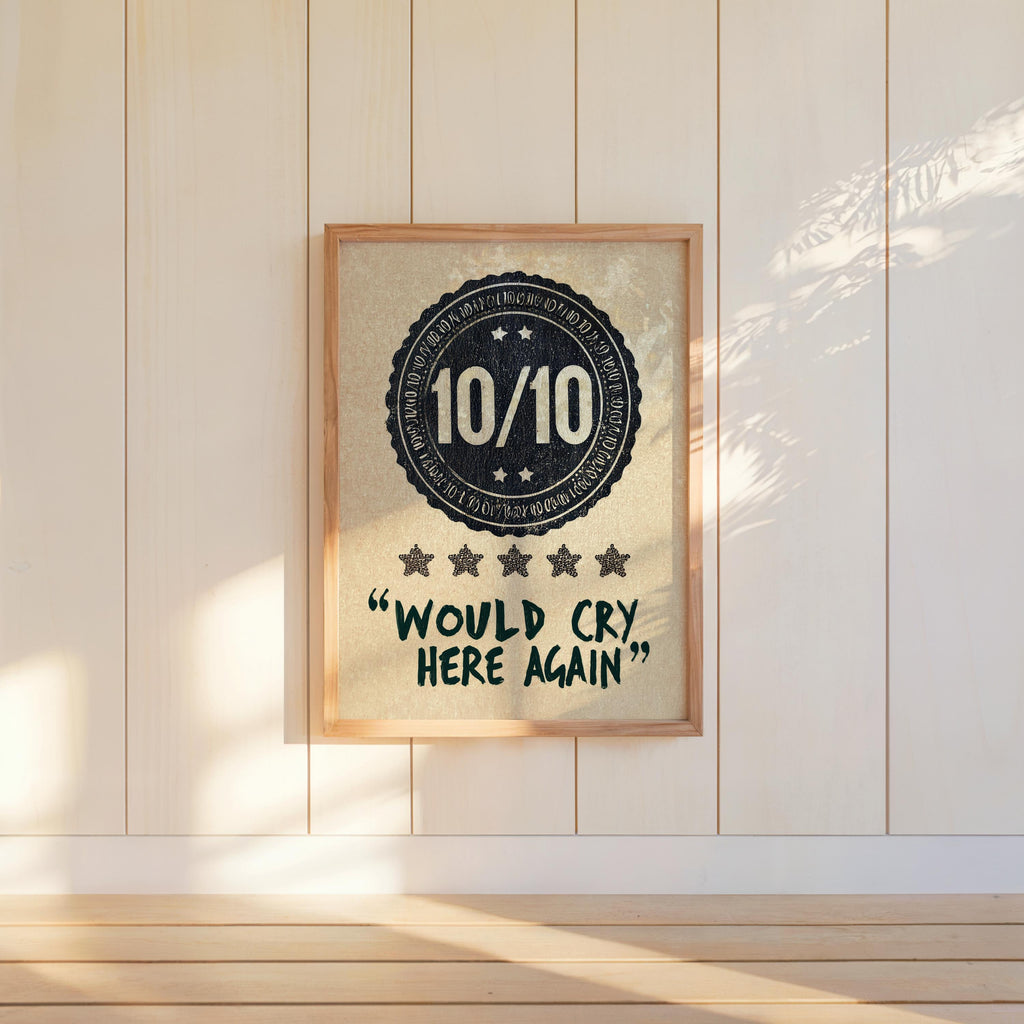 Navy would cry here again print tucked low on a ledge, cozy shadows, minimalist typography and distressed badge