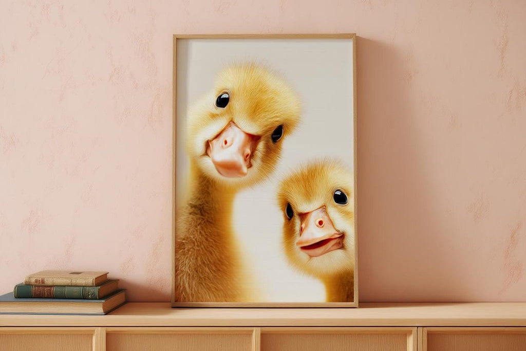 Wooden shelf with framed gosling print against blush wall, styled with books, duckling nursery decor