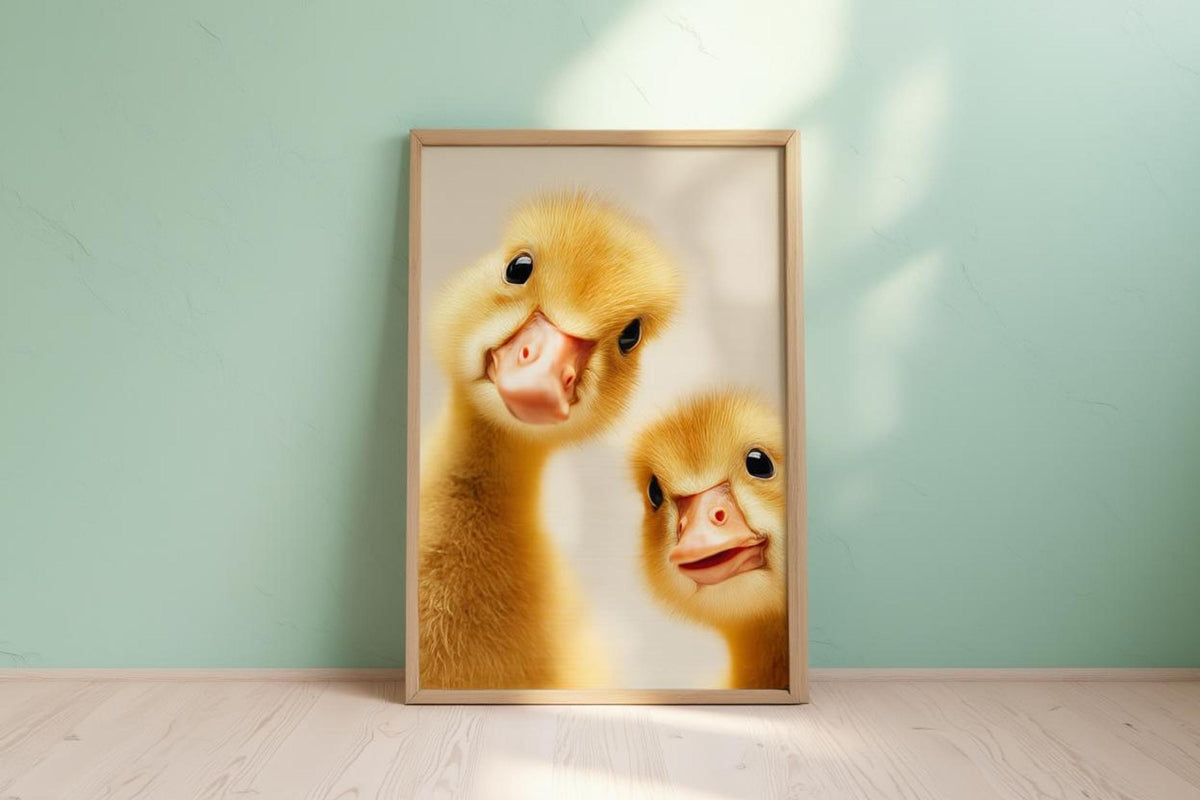 Floor-leaning frame on mint wall with soft sunlight, close-up peeking goslings, baby goose wall art