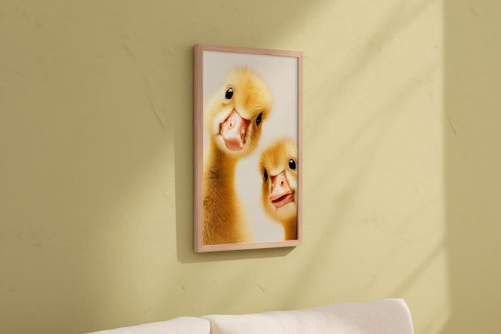 Narrow vertical frame hung on pale mustard wall, long shadows, peeking animal nursery art with goslings