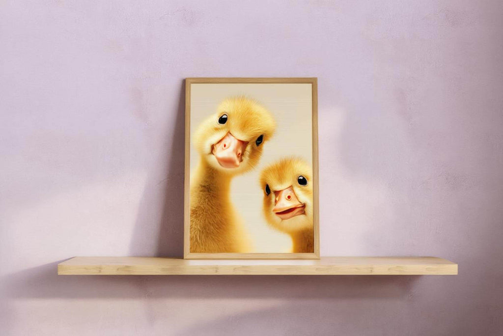 Slim shelf holding framed print on lavender backdrop, gentle light, cute baby goose print for kids