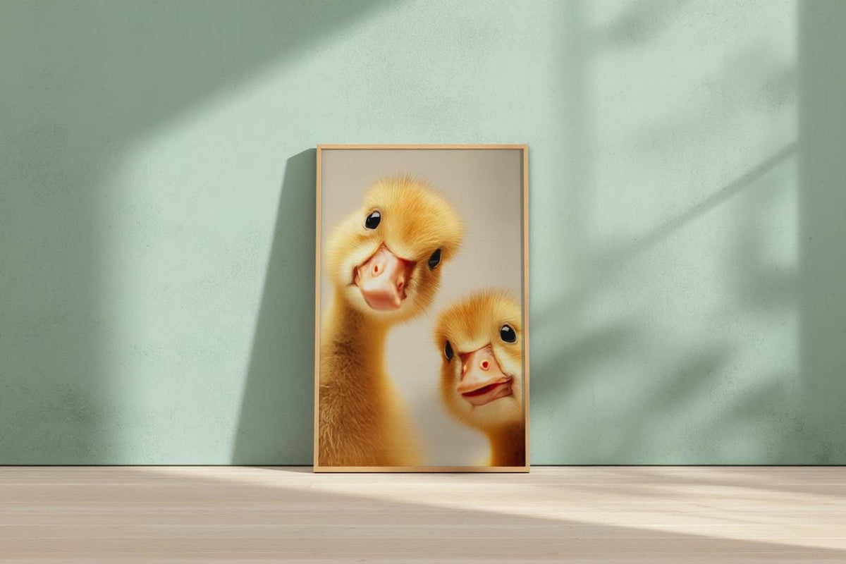 Small frame on wooden floor against sage wall, sunlit vignette, goose printable wall art mockup