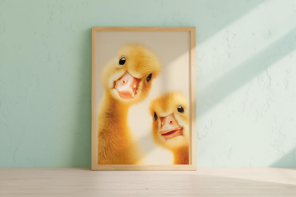 Frame leaning on sunlit mint wall, diagonal light highlights painterly texture, whimsical nursery wall art