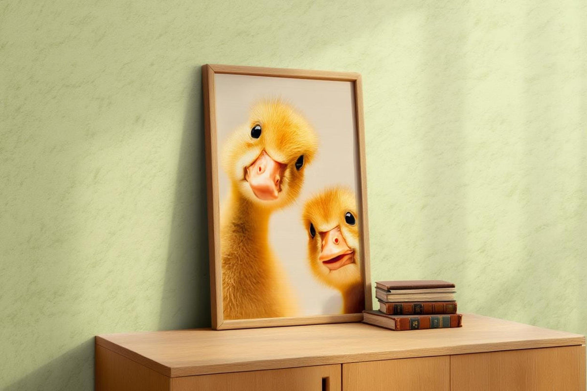 Cozy dresser vignette with framed gosling print, pale green wall, goose printable wall art mockup