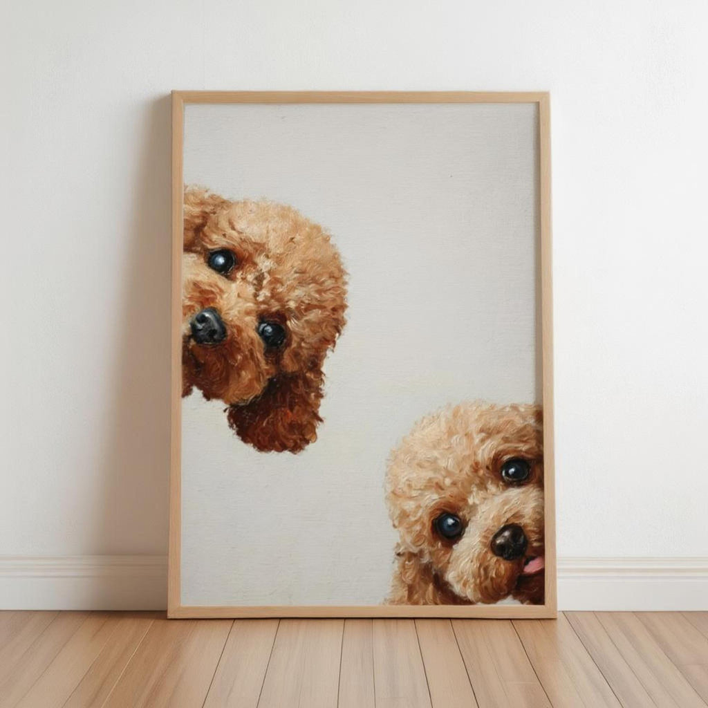 Framed goldendoodle wall art printable leaning on floor, apricot curly doodle peeking from side
