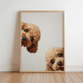 Framed goldendoodle wall art printable leaning on floor, apricot curly doodle peeking from side