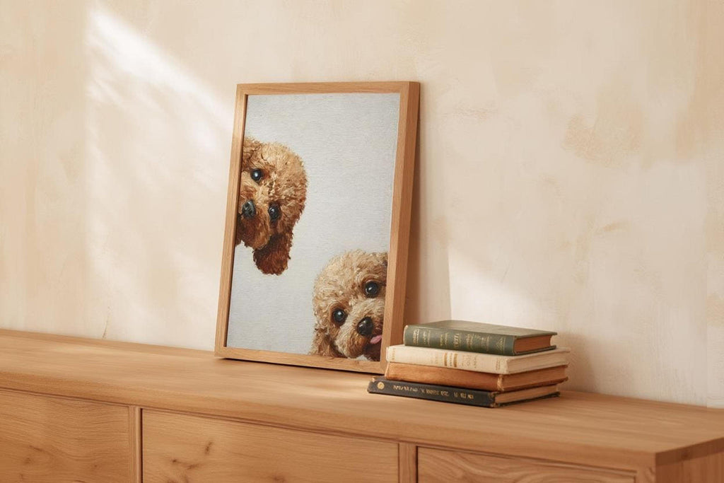 Warm beige vignette with framed goldendoodle wall art printable on dresser, playful curly puppy peeks in frame