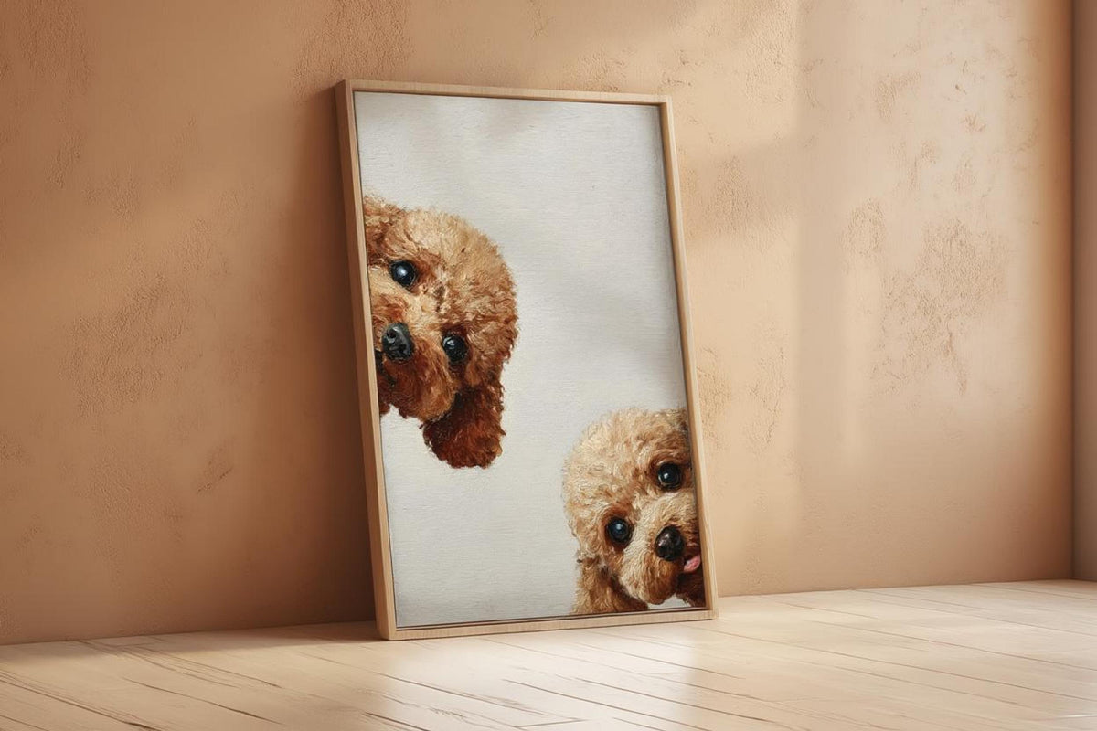 Terracotta room, framed goldendoodle wall art printable leaning on floor, whimsical doodle dog face peeks out