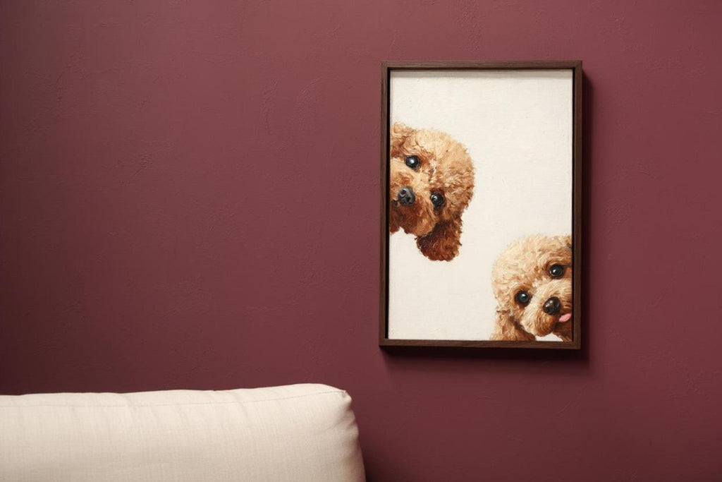 Burgundy accent wall with hung goldendoodle wall art printable, two curly faces brighten modern decor