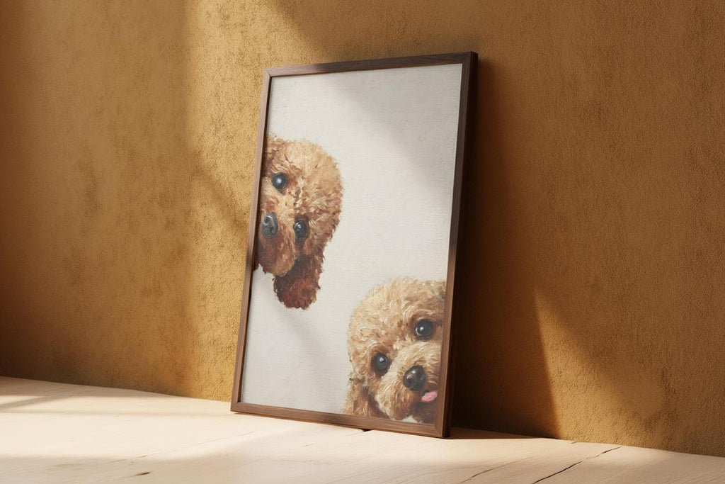 Angled frame leaning against warm ochre wall, goldendoodle wall art printable shows a curious curly puppy