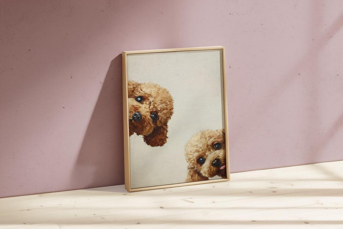Blush pink wall and natural light, framed goldendoodle wall art printable leaning, nursery dog wall art mood