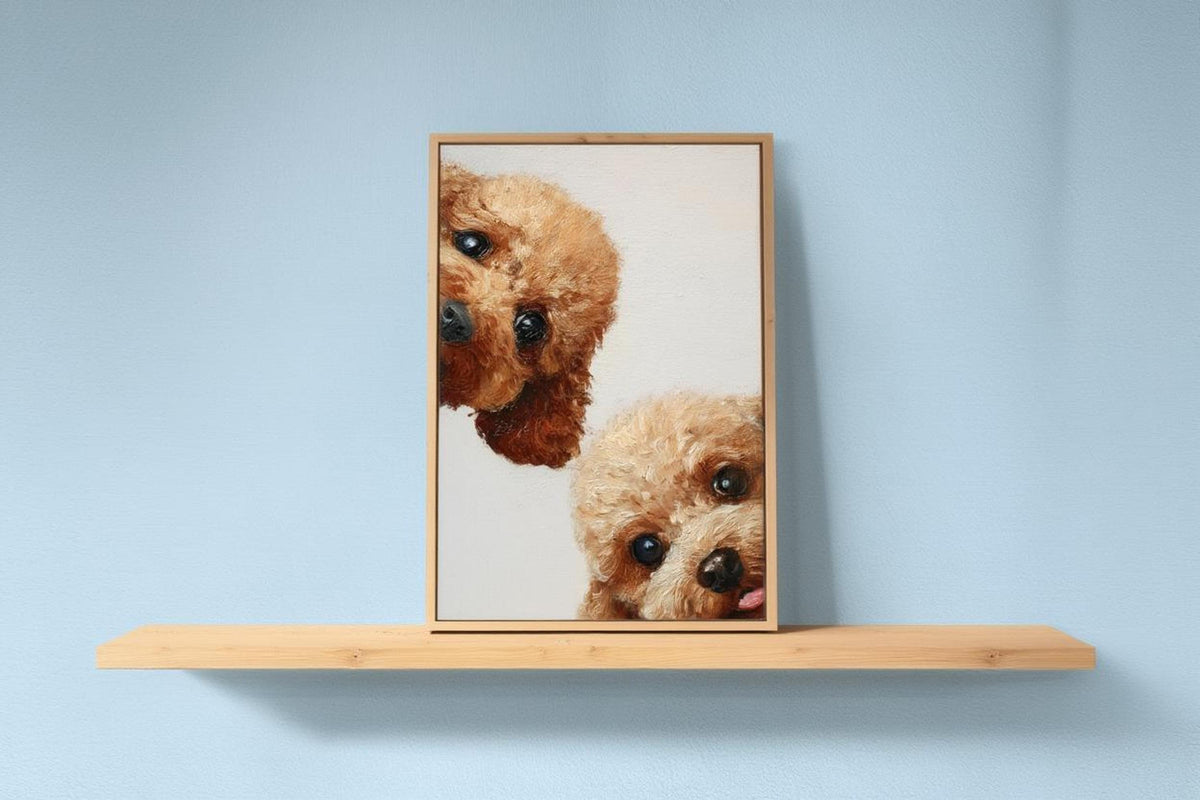 Pale blue wall with narrow shelf holding framed goldendoodle wall art printable, mid century style friendly pup