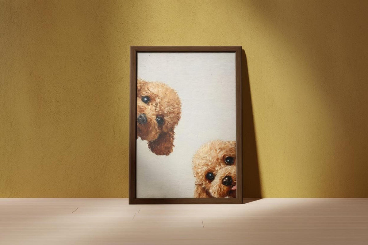 Mustard accent wall, framed goldendoodle wall art printable angled on floor, playful curly puppy portrait visible