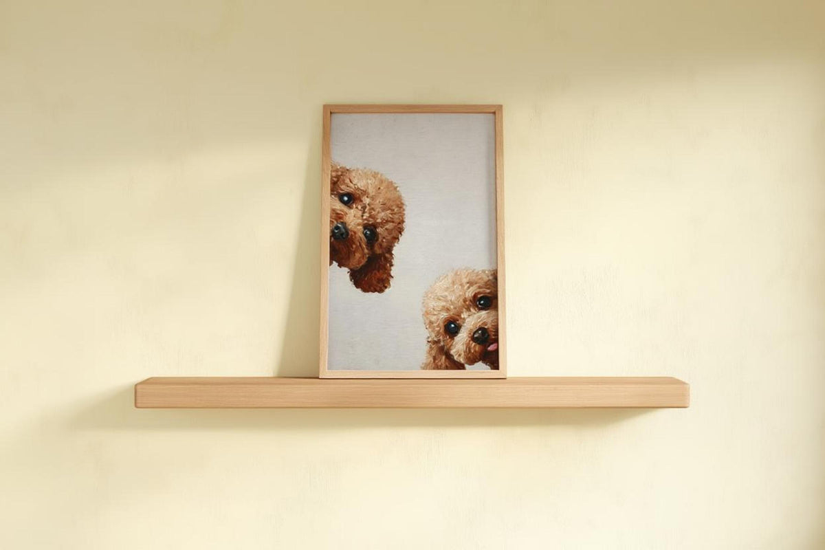 Buttery yellow wall with single shelf and framed goldendoodle wall art printable, whimsical doodle peeking in frame