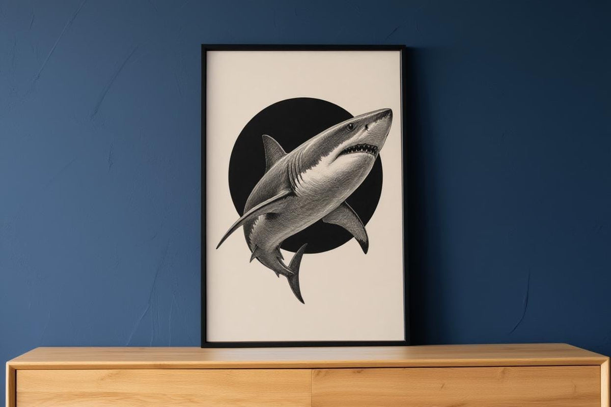 White Shark Wall Art, Vintage Marine Illustration Print, Black Circle Ocean Poster, Coastal Wildlife Decor
