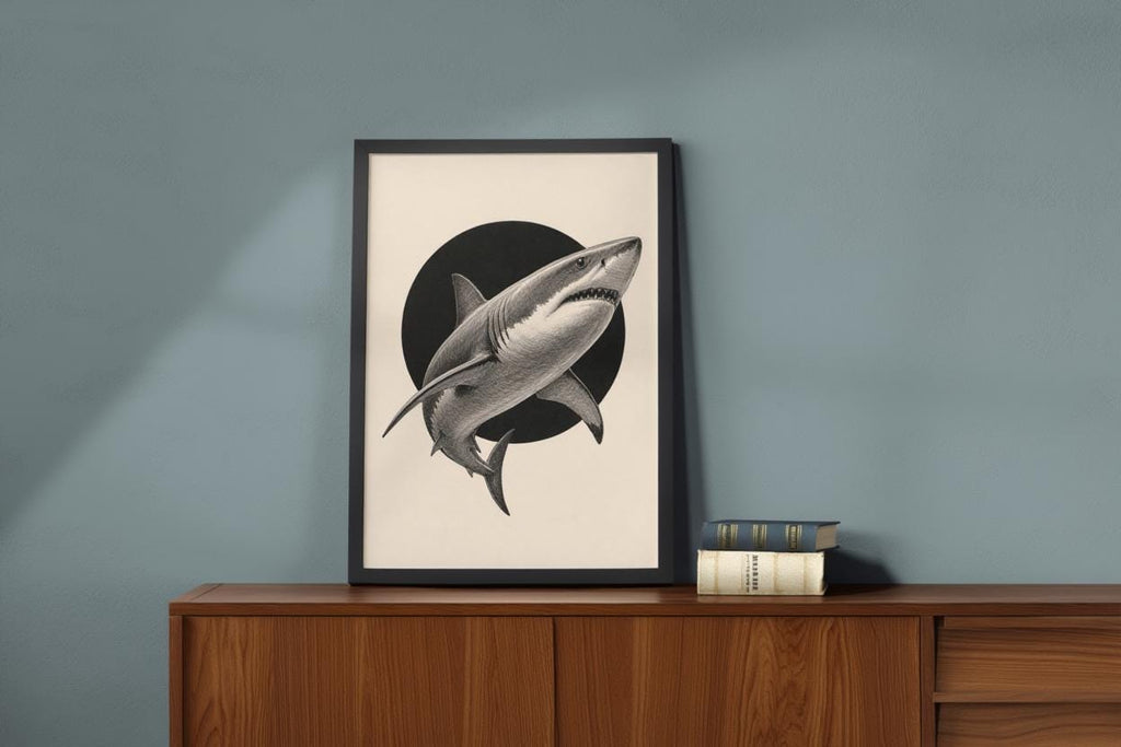 White Shark Wall Art, Vintage Marine Illustration Print, Black Circle Ocean Poster, Coastal Wildlife Decor