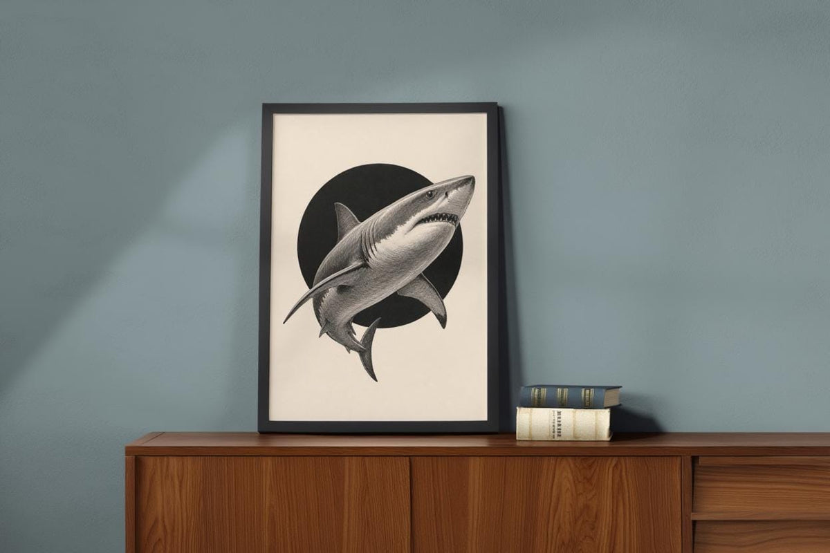 White Shark Wall Art, Vintage Marine Illustration Print, Black Circle Ocean Poster, Coastal Wildlife Decor