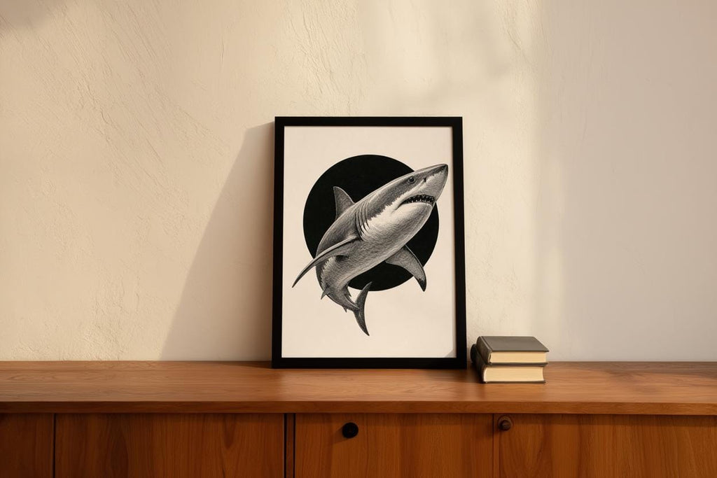 White Shark Wall Art, Vintage Marine Illustration Print, Black Circle Ocean Poster, Coastal Wildlife Decor