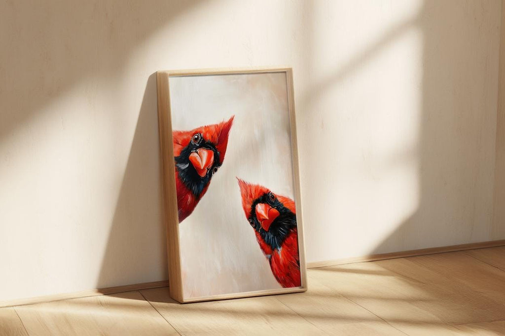 Whimsical Red Cardinal Bird Wall Art, Curious Cardinals Print, Retro Funny Animal Painting, Mid Century Gift, Home Decor Kitchen Living Room