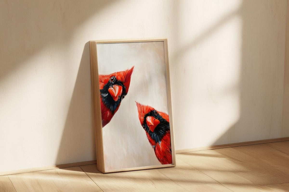 Whimsical Red Cardinal Bird Wall Art, Curious Cardinals Print, Retro Funny Animal Painting, Mid Century Gift, Home Decor Kitchen Living Room