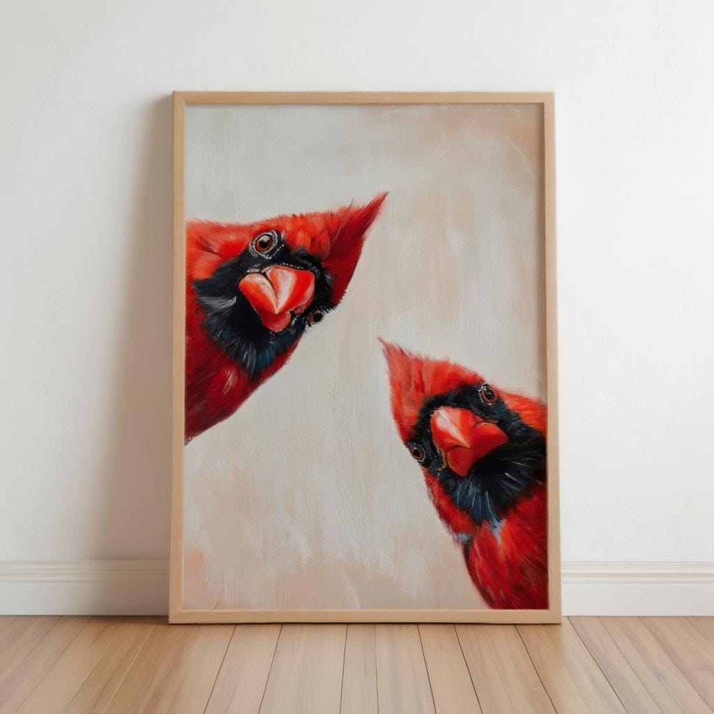 Whimsical Red Cardinal Bird Wall Art, Curious Cardinals Print, Retro Funny Animal Painting, Mid Century Gift, Home Decor Kitchen Living Room