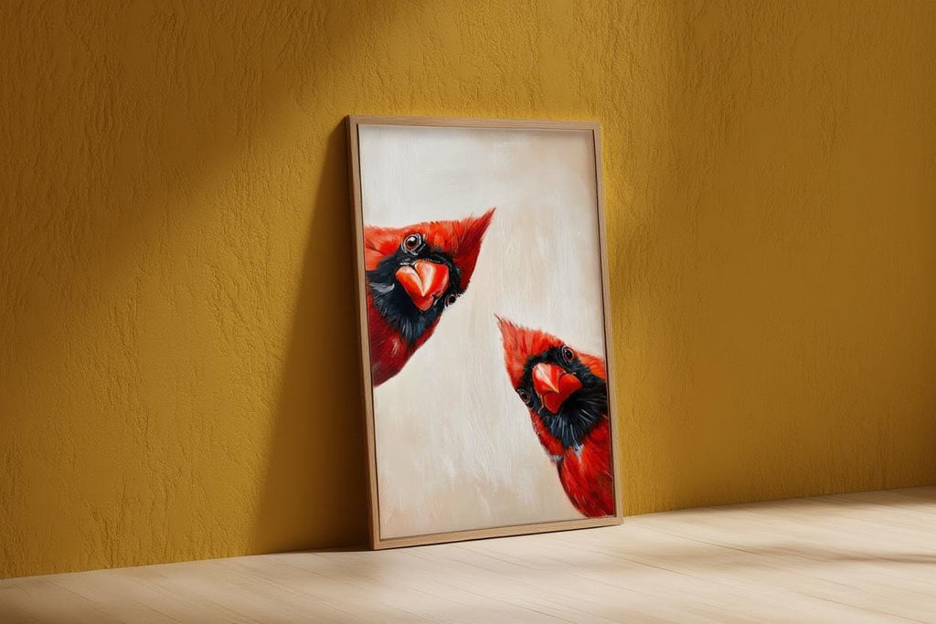 Whimsical Red Cardinal Bird Wall Art, Curious Cardinals Print, Retro Funny Animal Painting, Mid Century Gift, Home Decor Kitchen Living Room